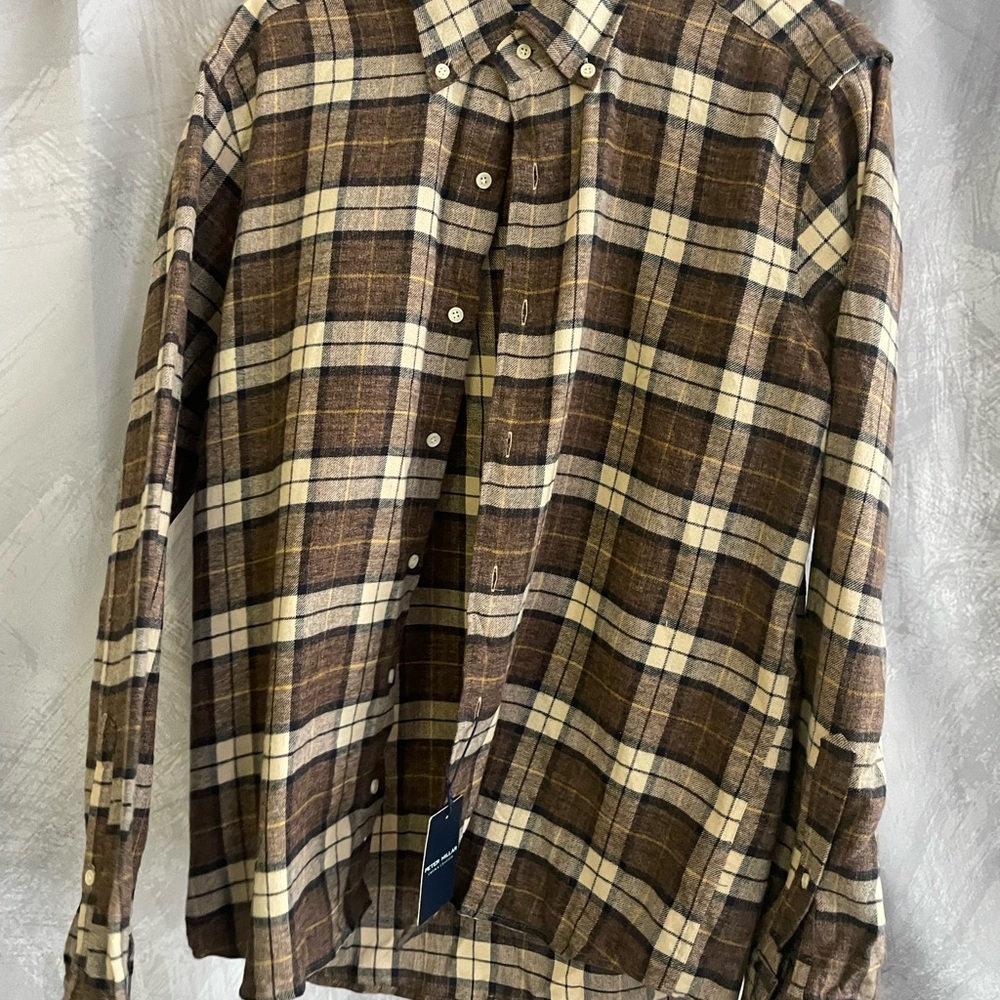 Peter Millar Brown and Cream Plaid Shirt